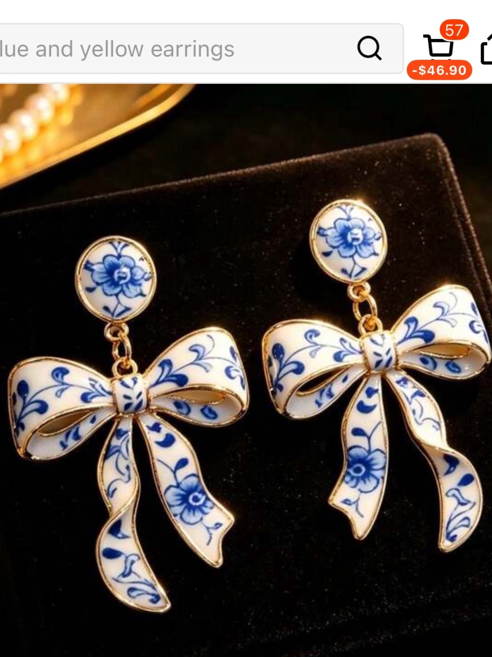 NWOT Gold Oil Painting Blue and White Porcelain Bow Drop Earrings